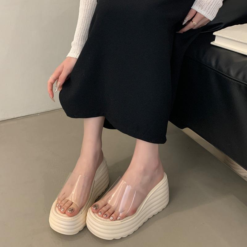 Fashion 2025 New Fashionable Summer Slippers for Women Wearing Thick Bottom Slope Heel Sandals Transparent High Heel 9cm Slippers
