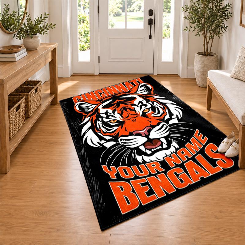 Cincinnati Bengals Custom Name Personalized Rug Non‑Slip Doormat Floor Carpet Housewarming Birthday Gift for Family Friends