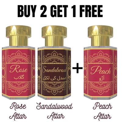 Rose und Sandelholz Attar mit kostenlosem Pfirsich Attar – Blumig, Weich Holzig & Fruchtig | Alkoholfreie Unisex Roll-On Parfümöle | 3 x 6 ml