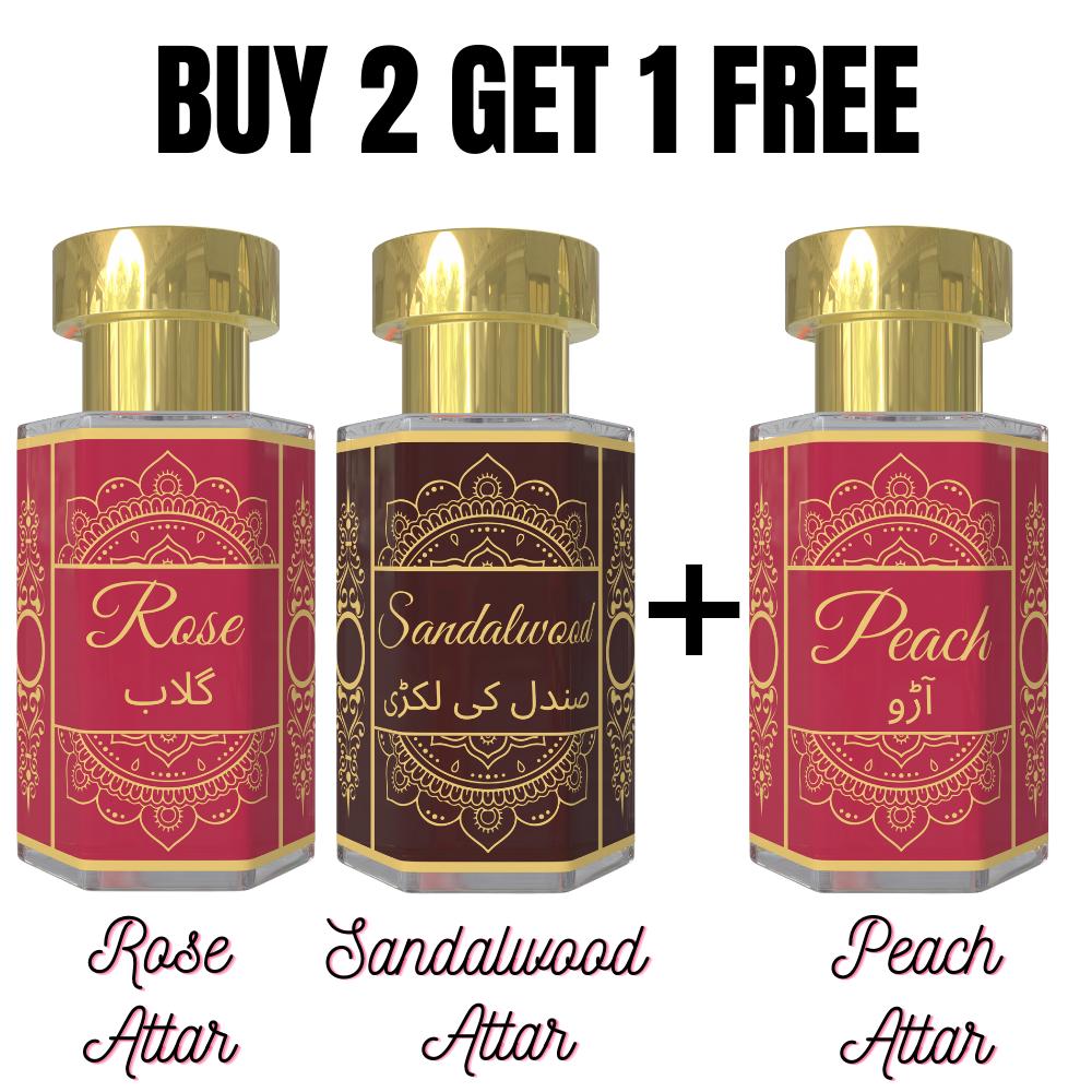 Rose and Sandalwood Attar with Free Peach Attar – Floral, Soft Woody & Fruity | Alcohol-Free Unisex Roll-On Perfume Oils | 3 x 6 ml
