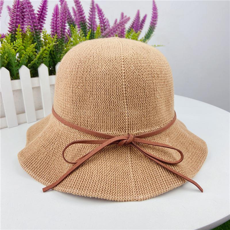 Bow wavy edge knitted bucket hat female tide brand casual versatile adjustable basin hat shows small face
