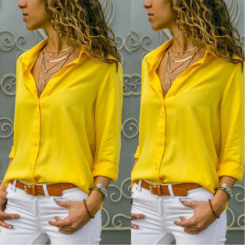 Timeless Solid Color Womens Long Sleeve Office Blouse Dress Shirt