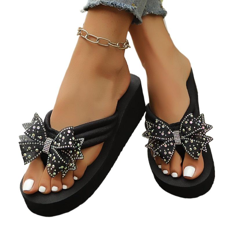 Fashion Plus Size 2025 Summer Women's Slippers Platform Wedges Round Toe Light Crystal Butterfly-knot Sandals Outdoor Casual Flip Flops