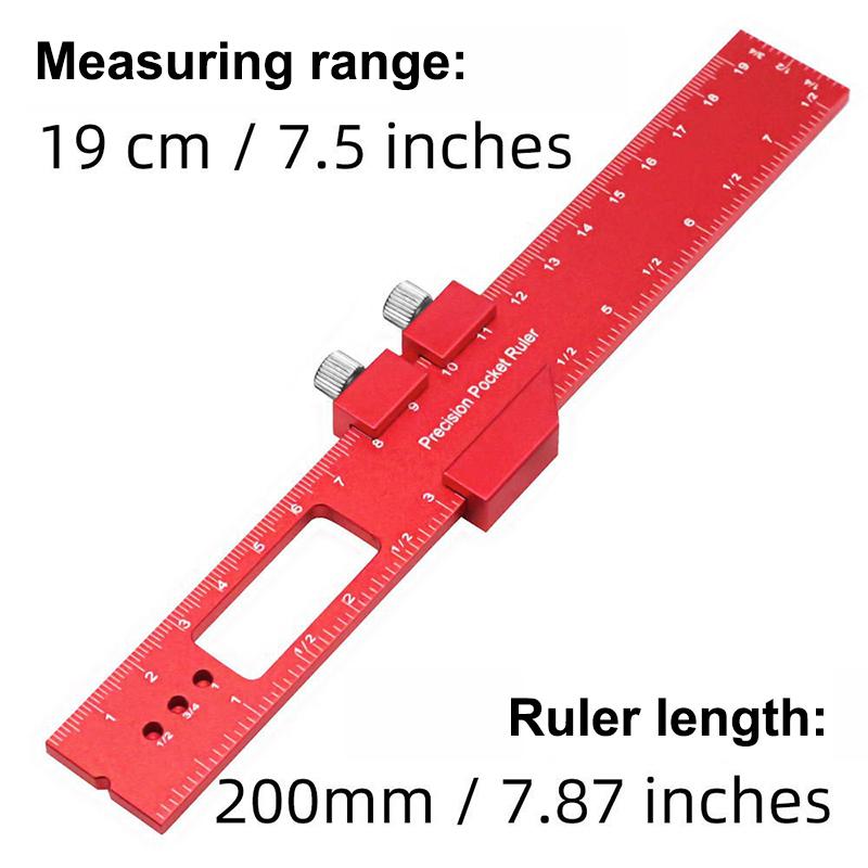 Inch Metric Precision T Type Pocket Ruler for Carpentry, Slide Stop, Multipurpose Measuring Aid