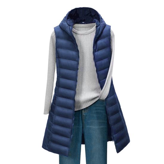 Yousheng Lady Winter Cotton Coat with Hood Thin Padded Windproof Sleeveles Solid Color Mid Length Waistcoat Zipper Closure Cardigan Outerwear
