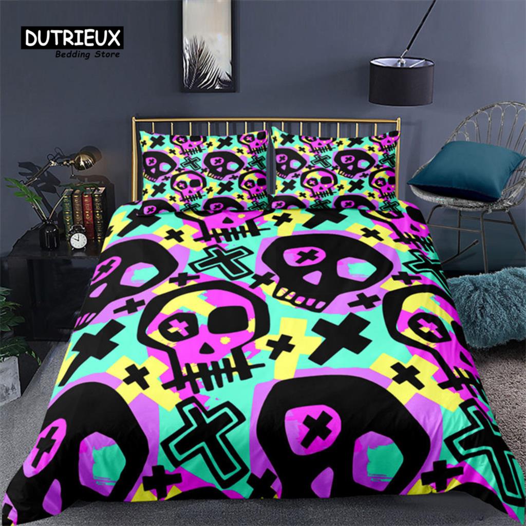 Colorful Sugar Skull Skeleton Quilt Cover Gothic Skull Bedding Set Queen Size Microfiber Horror Theme Feather Black Duvet Cover