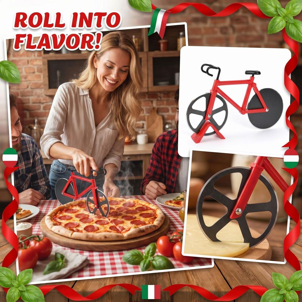 Bicycle Shape Pizza Cutter Dual Wheel Stainless Steel Pizza Slicer Creative Kitchen Tool with Stand for Cutting Dough Bread Pie