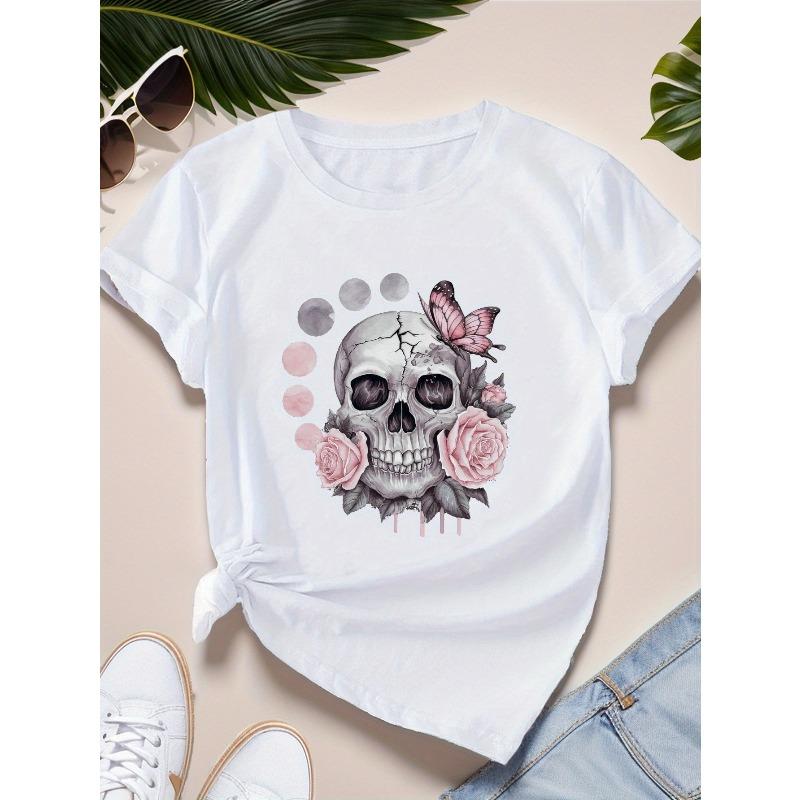 Butterfly beautiful skull illustration women s comfit t-shirt S белый