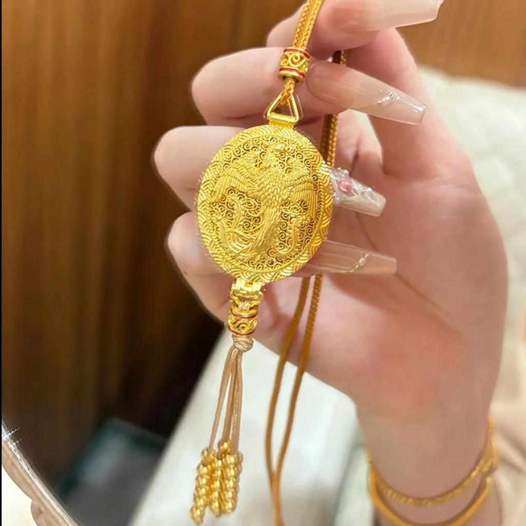 Gold Sand Eight Treasures Compass Pendant Necklace with Gourd Charm for Women
