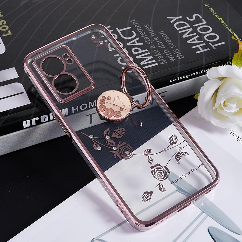 KADEM Rhinestone Flower Cover for Oppo A57 (2022) 5G/A77 5G Electroplated Clear TPU Phone Case with Ring Kickstand