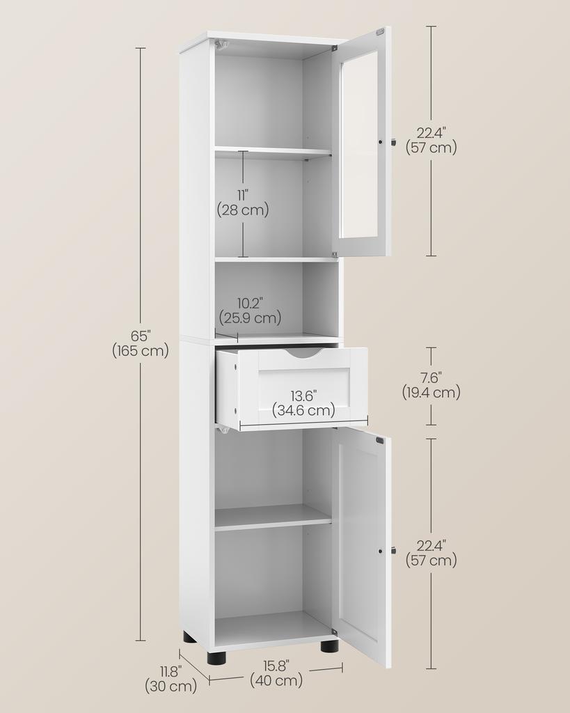 Mobile Alto per Bagno, Armadietto Stretto per Riporre Oggetti in Bagno, Mensola Aperta, Porta in Vetro, Ripiani Regolabili, Salvaspazio, Bianco