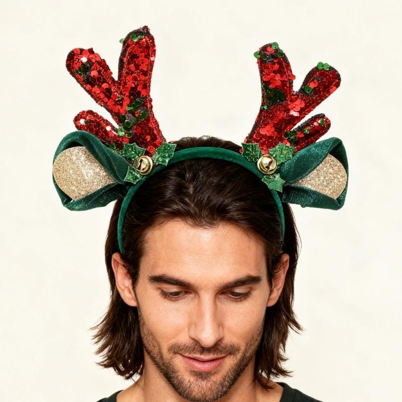 Christmas Sequined Reindeer Antler Bells Hairband Soft Fabric Headpiece For Kids Adults Holiday Party Accessory