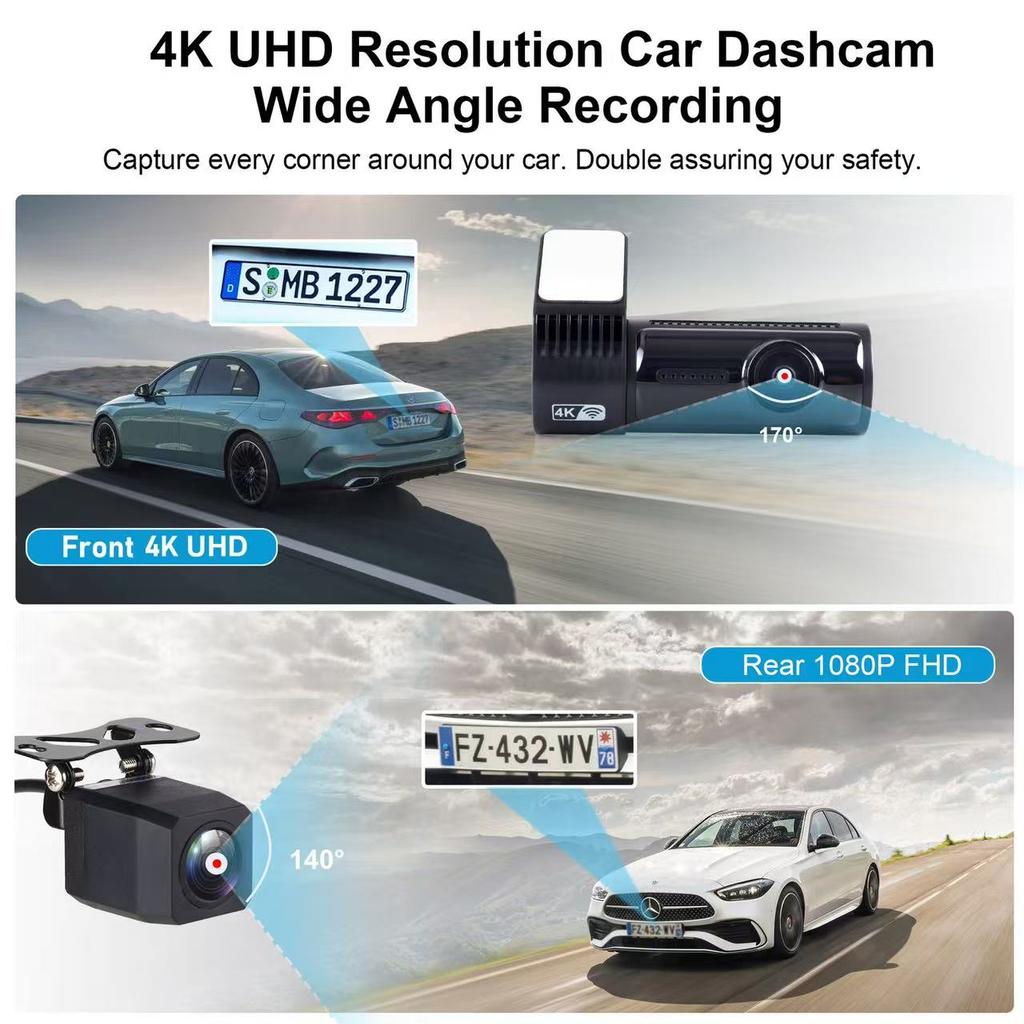 4K ultra-clear car DVR supports WIFI GPS 4K front camera and 1080P rear camera dual-lens night vision video recorder black box.