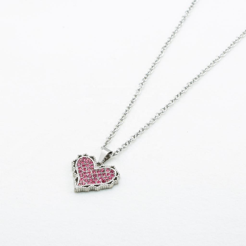 Punk Trend Sweet Cool Sweater Chain Stainless Steel Pink Zircon Love Necklaces for Birthday Present