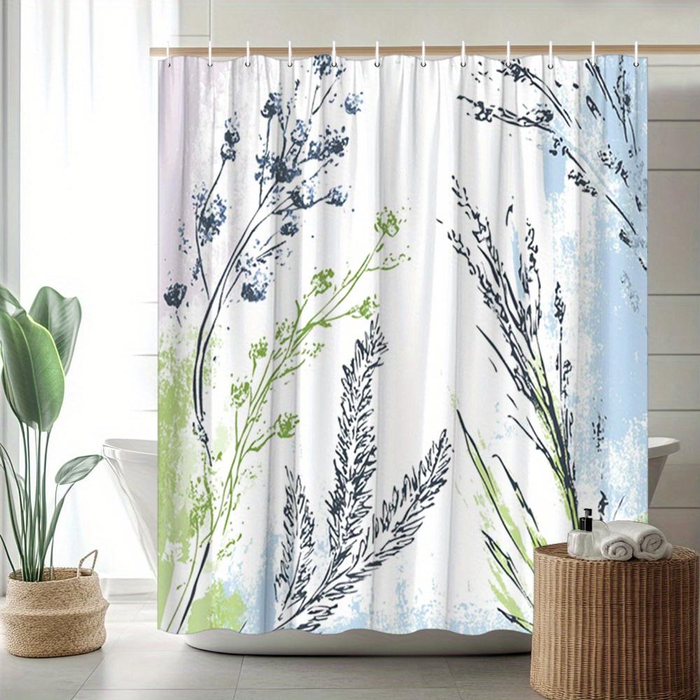 Abstract Botanical Shower Curtain - Delicate Branches & Blue Flowers, Minimalist Whimsical Design, Durable Polyester, 12 Hooks