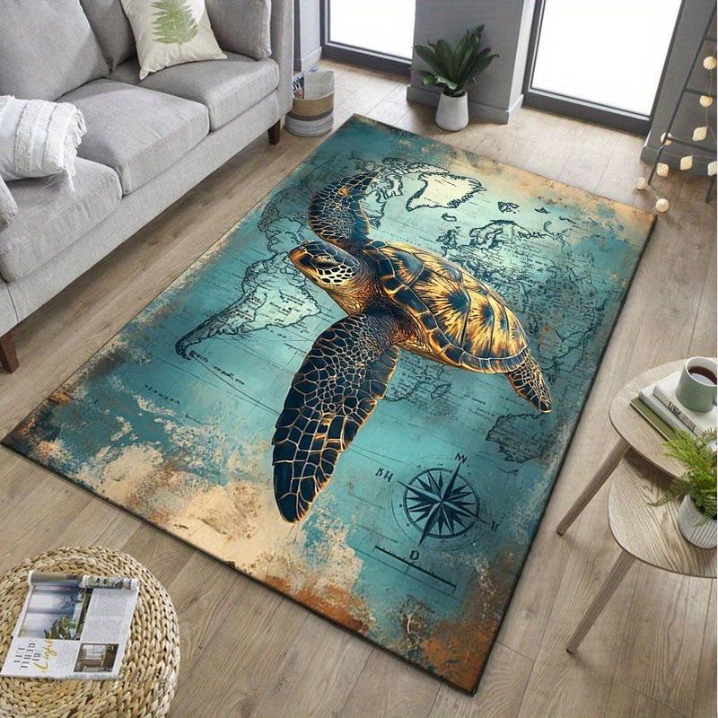 Vintage Turtle MapRug forNauticalThemed RoomsStylish Ocean Life Decor with Compass Detail Anti slip carpet can be machine washed