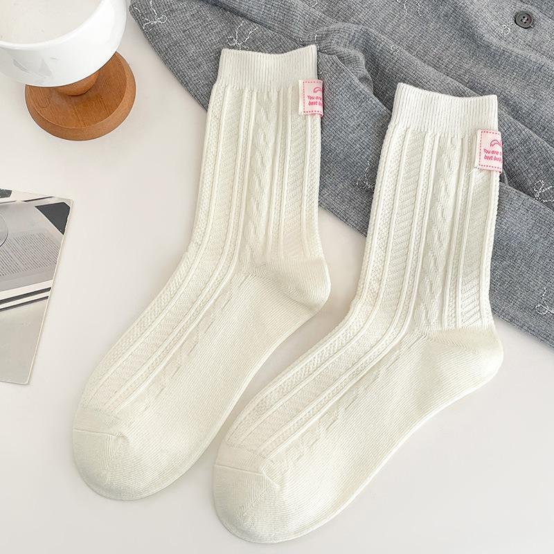 

Белые носки для девочек, махровые носки на весну, универсальные, с тканевой этикеткой, модные школьные носки-ветровки для девочек 1 pair