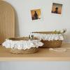 Natural French Style Desktop Woven Basket Oval Round Lace Trim Straw Storage Box Hand Woven Sundries Storage Box Desktop
