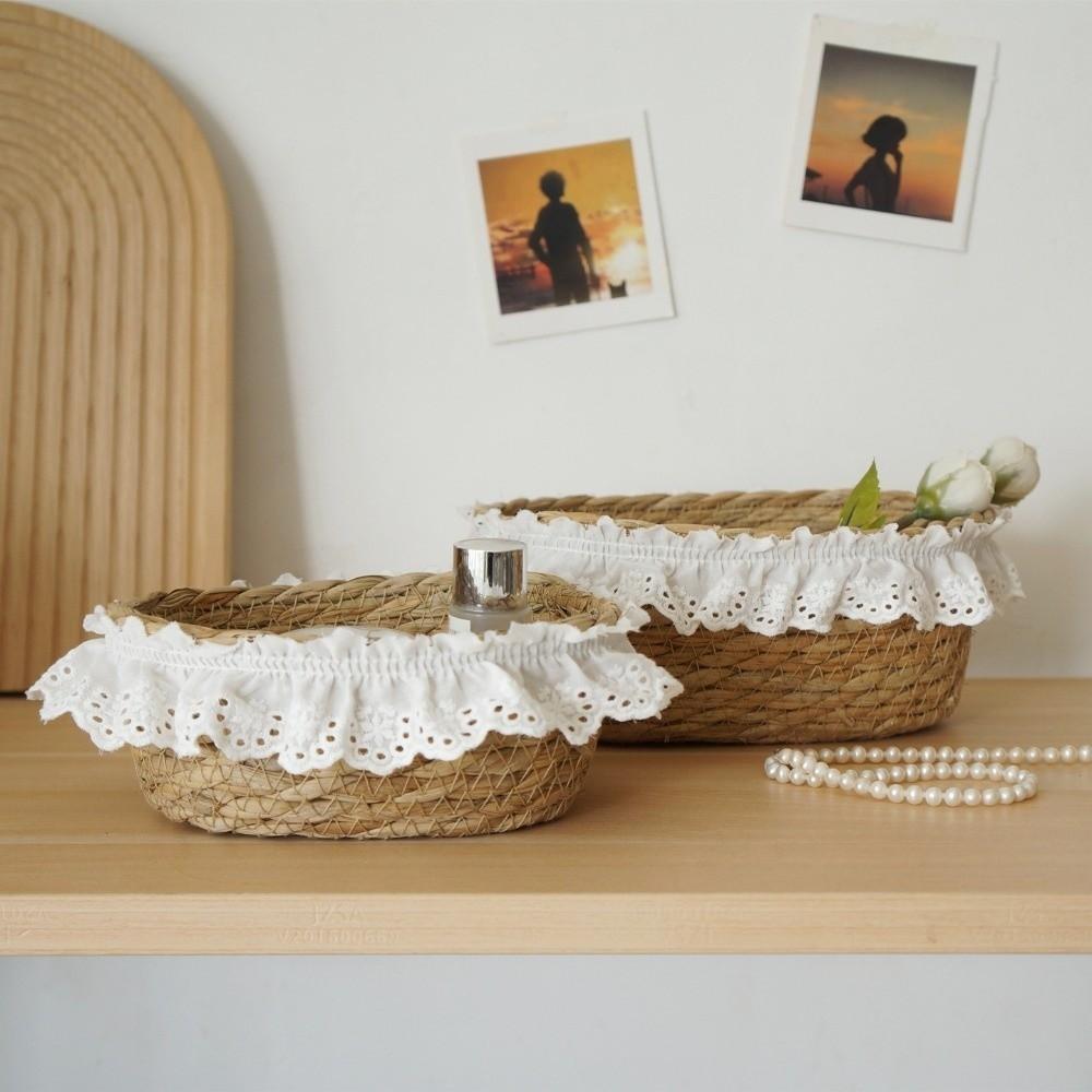 Natural French Style Desktop Woven Basket Oval Round Lace Trim Straw Storage Box Hand Woven Sundries Storage Box Desktop