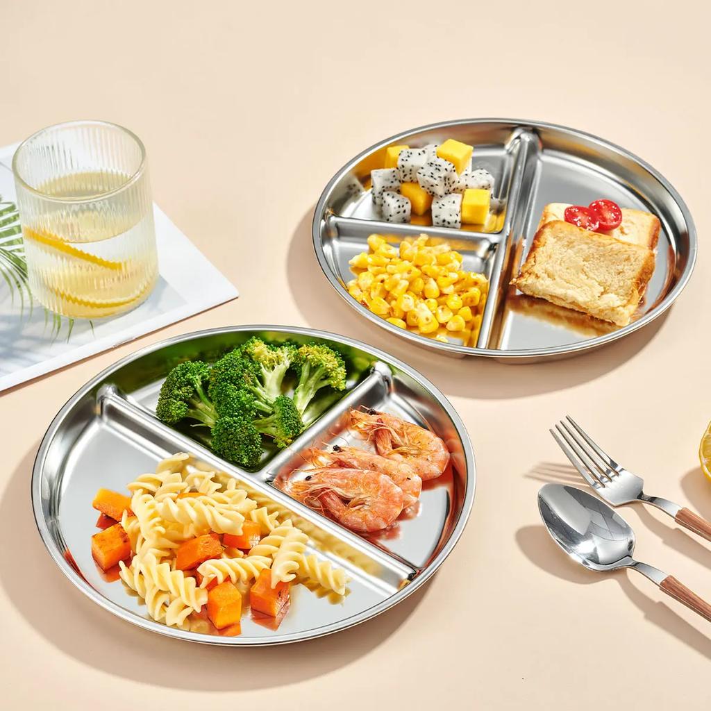 WORTHBUY Round Dinner Plate With Compartments 304 Stainless Steel Divided Dinner Dish Fruit Salad Food Plates Kitchen Tableware