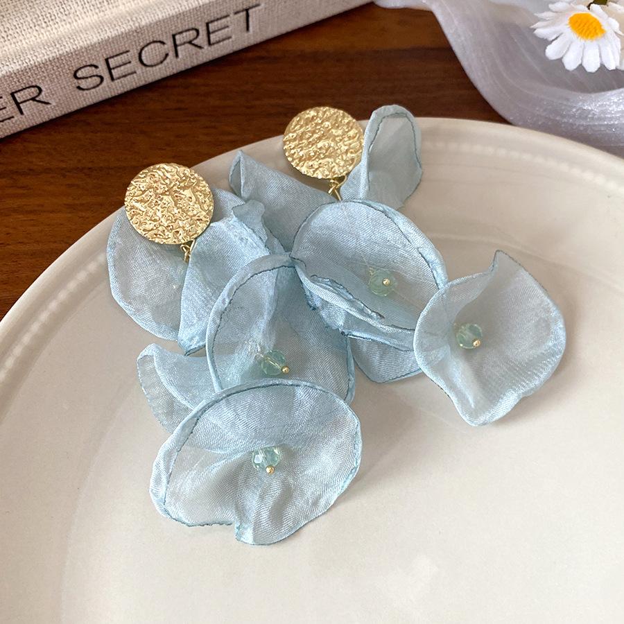 Silver Needle Pleated Round Chiffon Flower Fringed Earrings Seaside Vacation Style Temperament Earrings Niche High-end Earrings Women