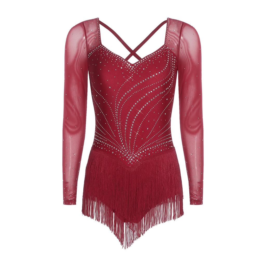 All-in-One Performance Jumpsuit for Women S-XXL: Perfect for Tango, Rumba & Figure Skating with Mesh Sleeves & Open Back