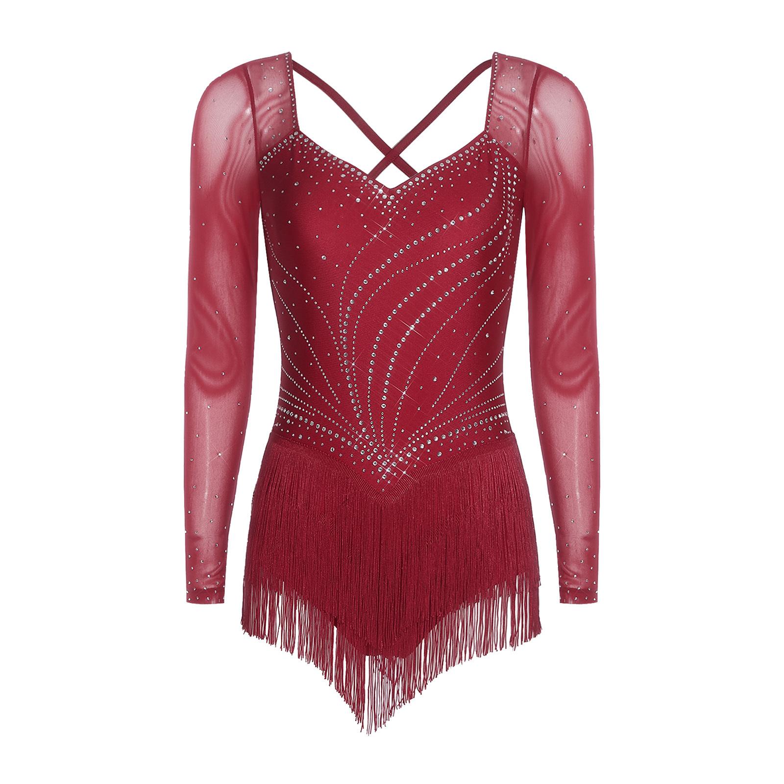 HULIJA Dames Latijnse Dans Strass Bodysuit Mesh Lange Mouwen Bandjes Open Rug Ontwerp Gelaagde Kwastjes Zoom Leotard S bordeaux