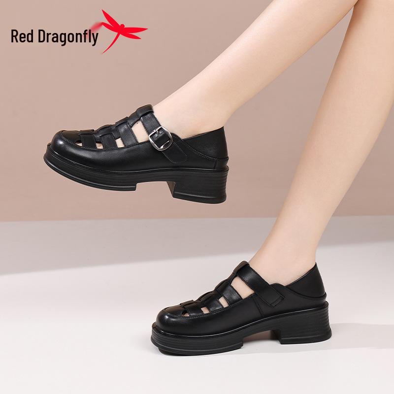 Red Dragonfly Women's Genuine Leather Closed-Toe Roman Sandals - Thick-Soled, Perforated, 2026 Summer Style
