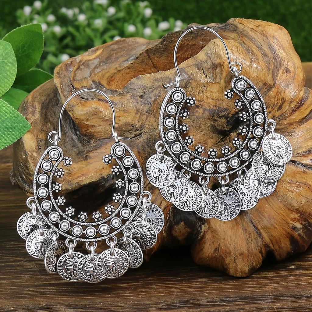 Boucles d'oreilles ethniques rétro pour femmes, crochets d'oreilles en forme de U, petits disques géométriques en alliage de zinc, boucles d'oreilles à pampilles pour toutes les saisons