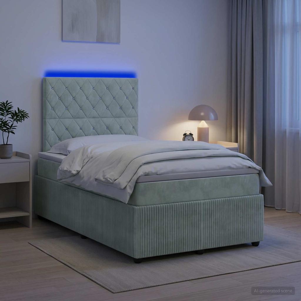 LED Boxspring Bed with Mattress Light Grey 120 X 190 Cm Velvet