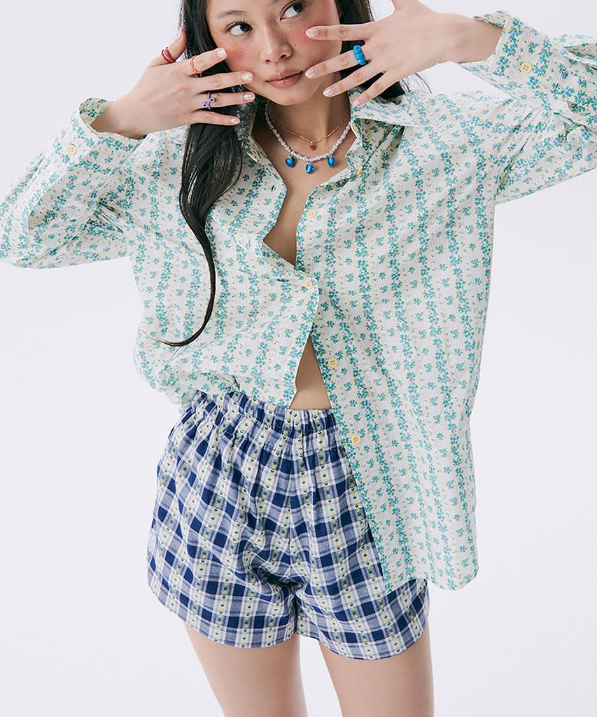 JUNEJUNE SPACE Floral Check Banding Shorts_Navy