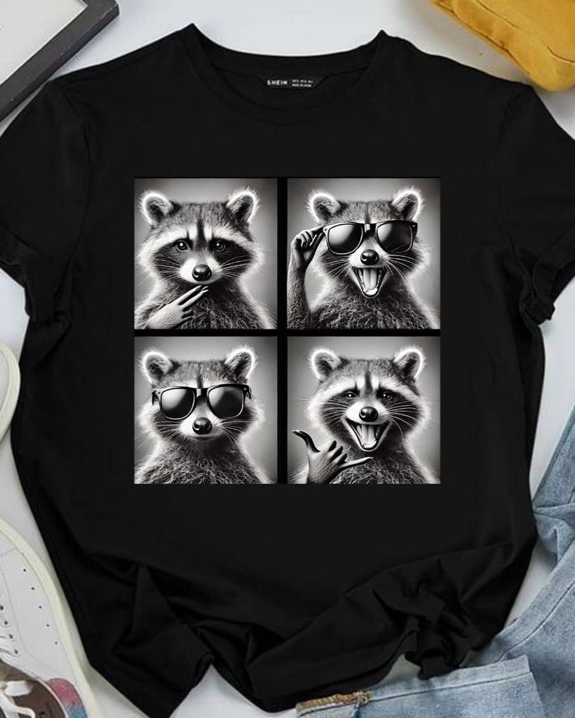 Waschbär Spaß T-Shirt Amerikanisch Retro Trendig Materialfusion Niedliches Haustier Multi-Stil Herren- und Damen- Lustiges und Humorvolles T-Shirt