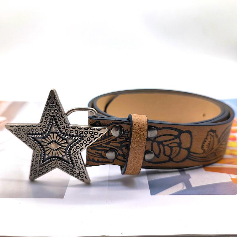 American Retro Western Style Star Embossed Belt Niche Design Spice Girl Vintage Brown Belt