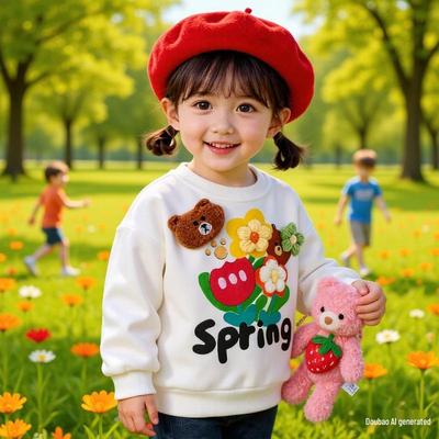 Nouveau T-shirt Printemps 2026 pour Filles à Manches Longues Style Coréen avec Motif Fleur 3D