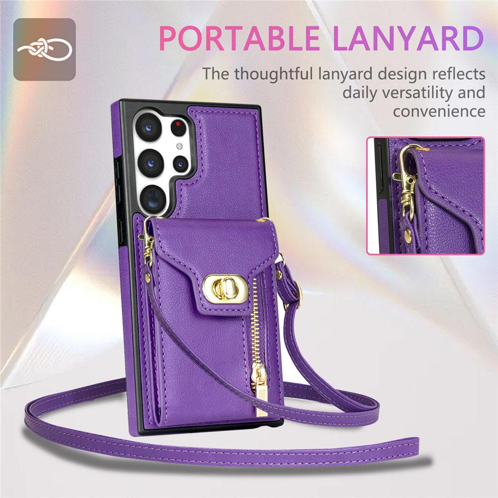 Zipper Lanyard Wallet Case For Samsung Galaxy S24 Ultra S23Plus S22 S21 S20 Note 20 A13 A14 A54 Cards Slot Cover Funda