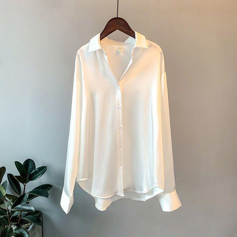 Long Sleeves Satin Shirt Women's Stylish Fashion New Spring & Fall Drape Retro Hong Kong Style Loose Tops Shirt