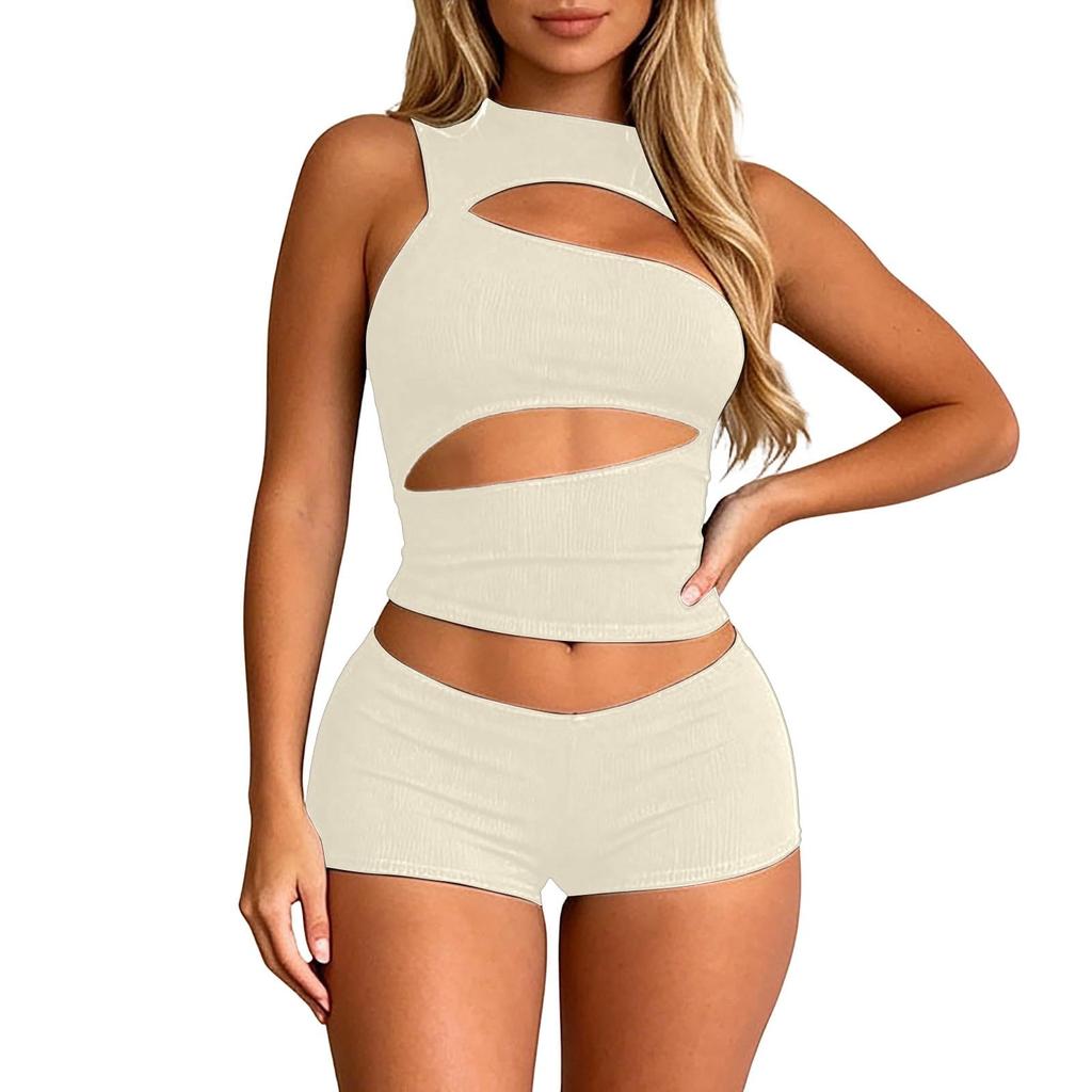 Completo casual da donna in due pezzi, senza maniche, con trafori e pantaloncini a vita alta