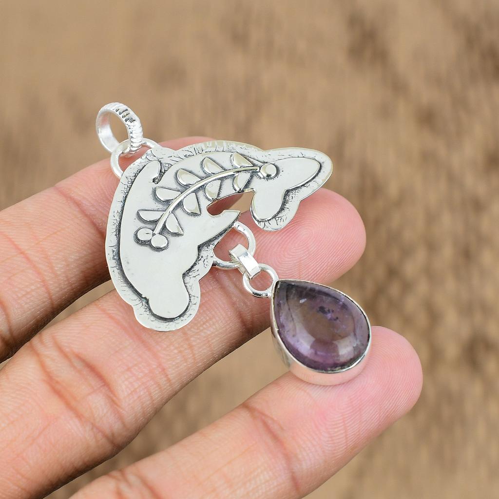 Anniversary Gift For Her Natural African Amethyst Pendant Fish 925 Silver