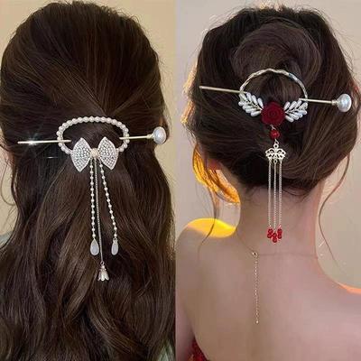 Vintage Rose Pearl Tassel Bow Hair Hairpin Chinese High-end Rhinestone Hair Accessory Women's Fashion Jewelry Headwear Wholesale
