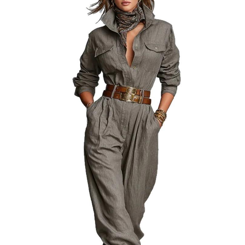 2026 Women's Independent Station Cotton and Linen Long Sleeve Pocket Button Decorative Shirt Jumpsuit