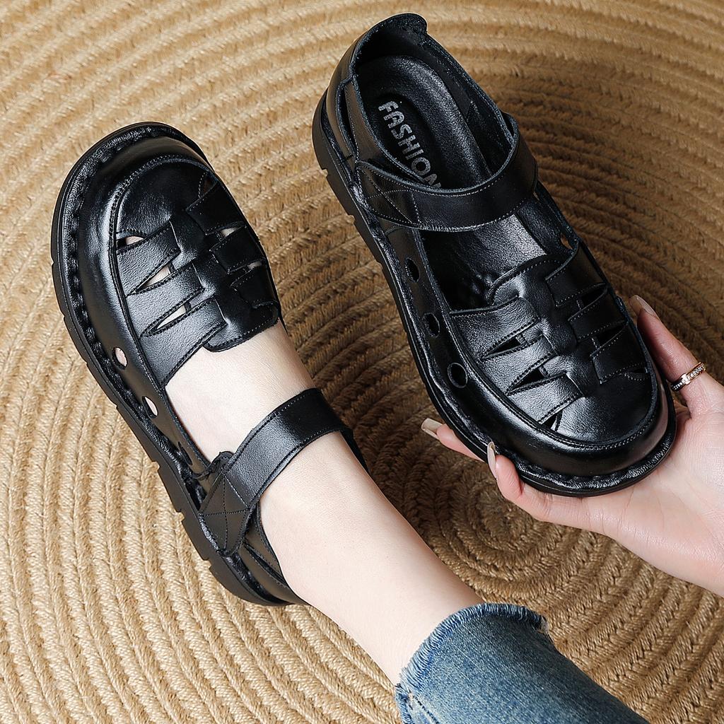 Wedge heel hollow sandals comfortable and lightweight summer soft-soled mother shoes thick-soled leather Roman women's shoes