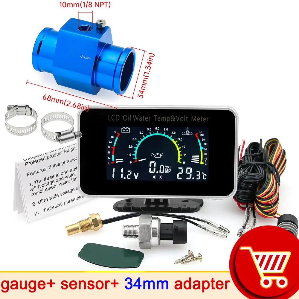 AD 3 In 1 LCD Automobile Digital Water Temperature Gauge Oil Pressure Gauge Voltmeter Water Temperature Sensor Adapter for Car