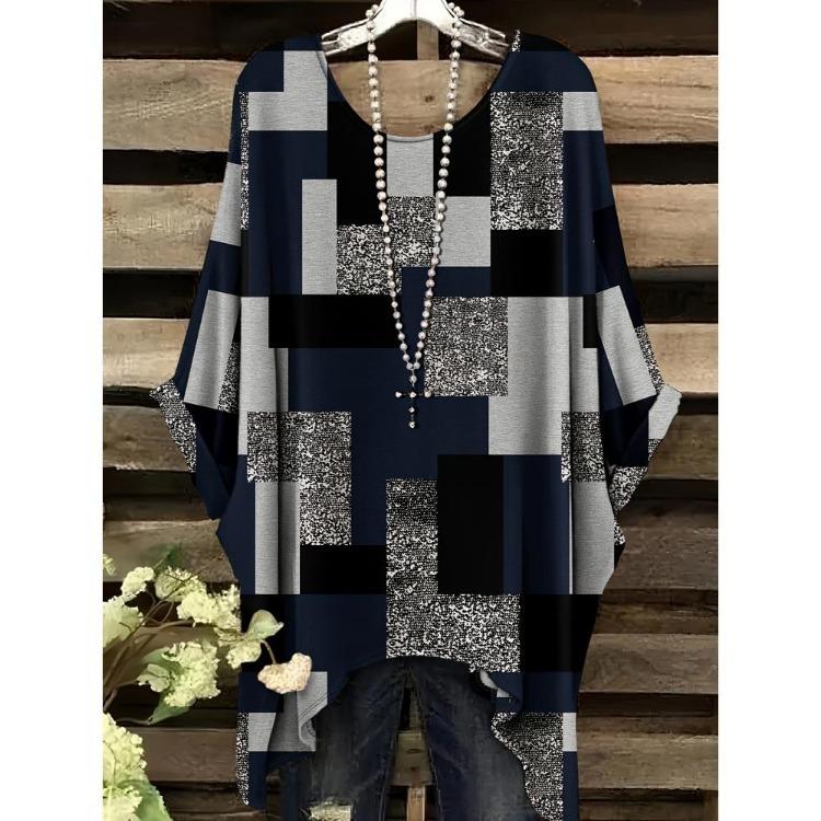 Women Vintage Plaid Stripe Printed Asymmetrical Hem O Neck Short Sleeve T Shirt Casual Fashion Street Top