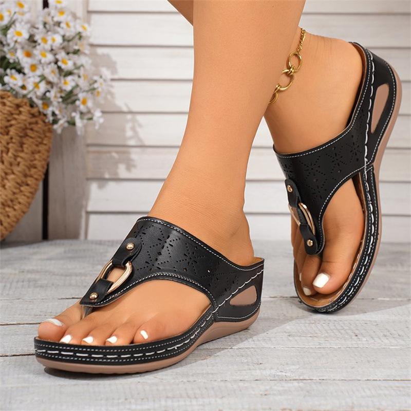 

Wedge toe slippers Women Slippers Sewing line Thick bottom flower hollow thick bottom flip-flops 36 чёрный