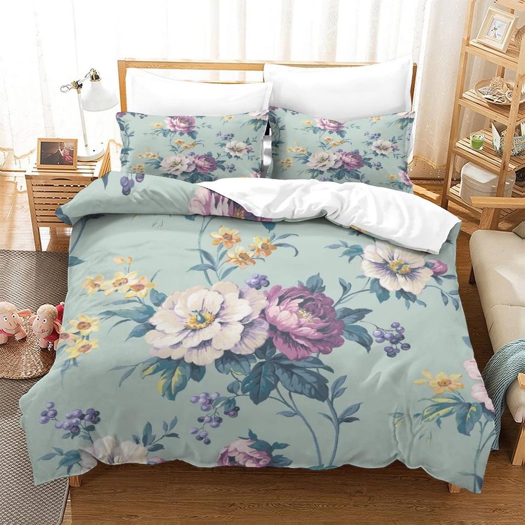 Watercolor Flower Retro Bedding Three-Piece Quilt Cover