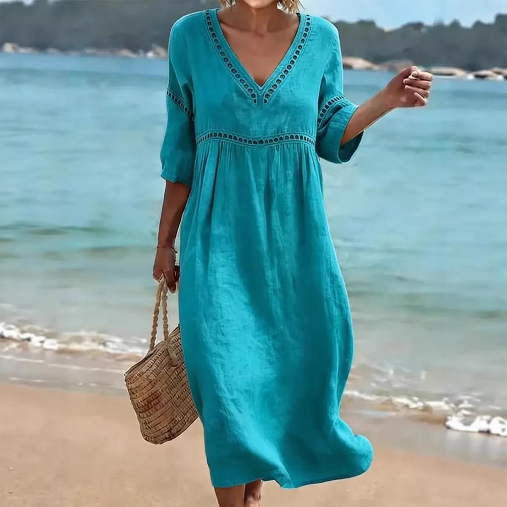 Spring/Summer New Style Elegant Casual V-Neck Solid Color Women's Dress