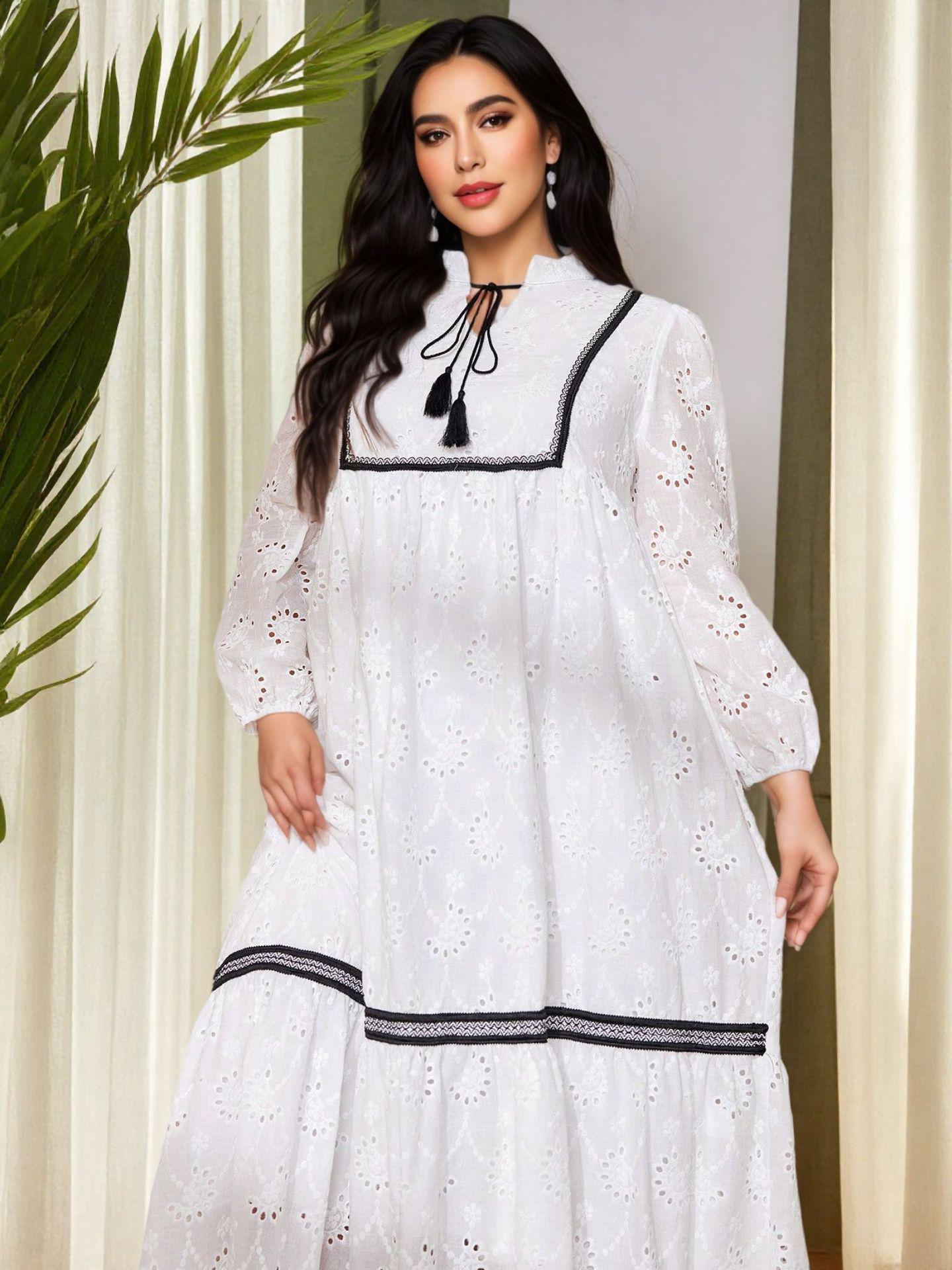 

Middle Eastern Plus Size Embroidered Long Sleeve Lace-up Round Neck Casual Dress 3XL білий
