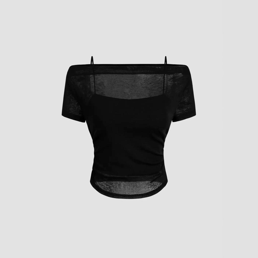 Pure desire wind one-word shoulder mesh short-sleeved top women's summer inner with suspenders, thin versatile short top Spice girl suit