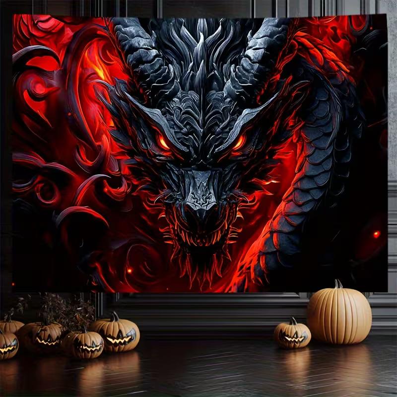 2D Flaming Dragon Head Tapestry Gothic Fantasy Background Cloth