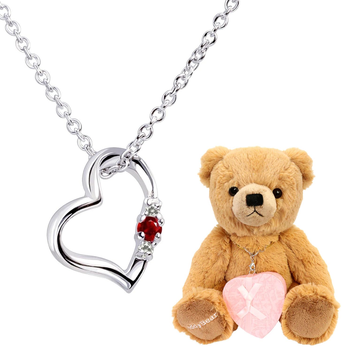 Natural Diamond Heart Necklace for Teddy Bear Plush Toy January Birthstone Garnet Brown Bear [Sears] Women, Set, 1491-tdt-01-b1
